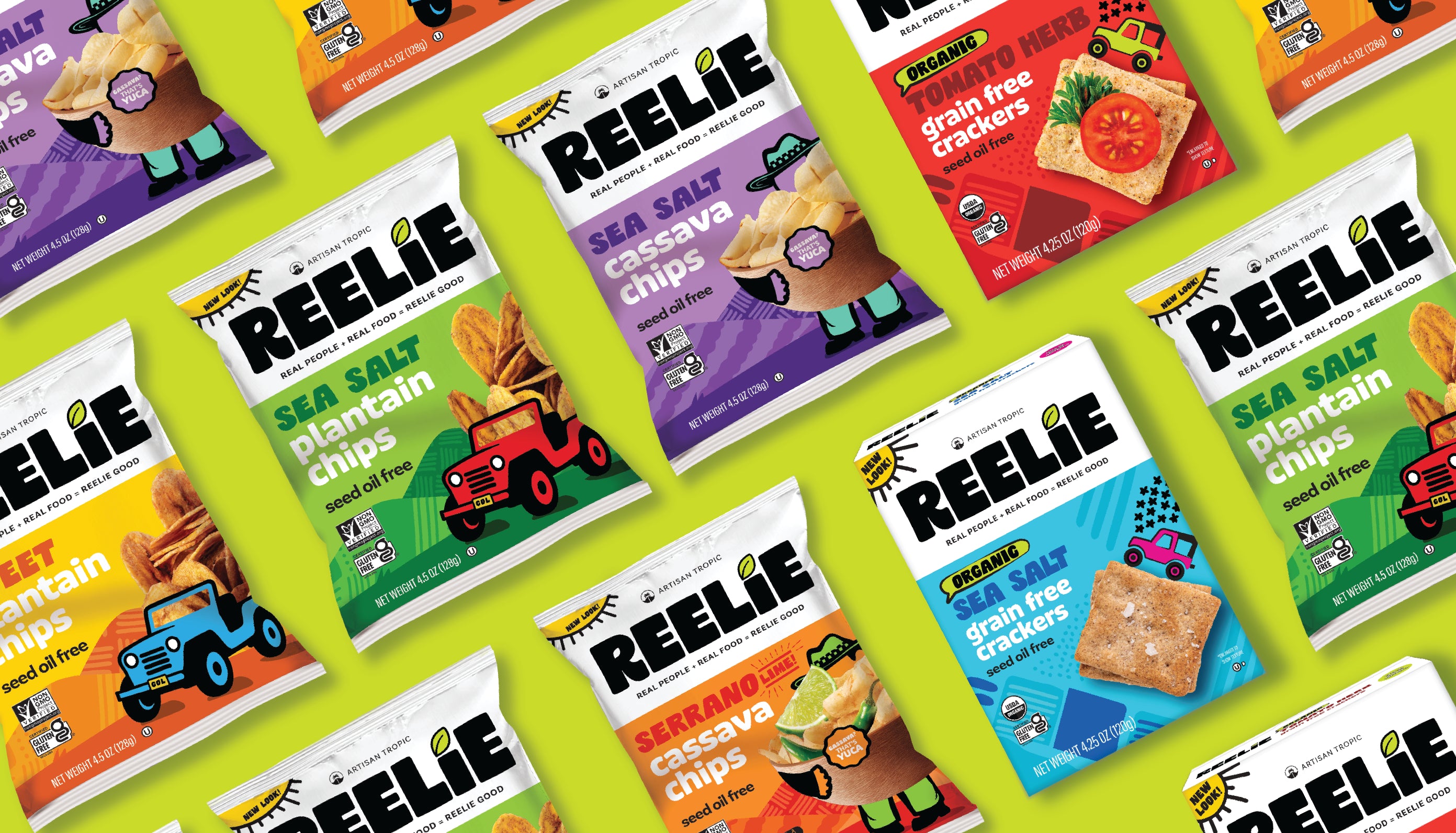 image of all Reelie products, cassava and plantain chips and crackers