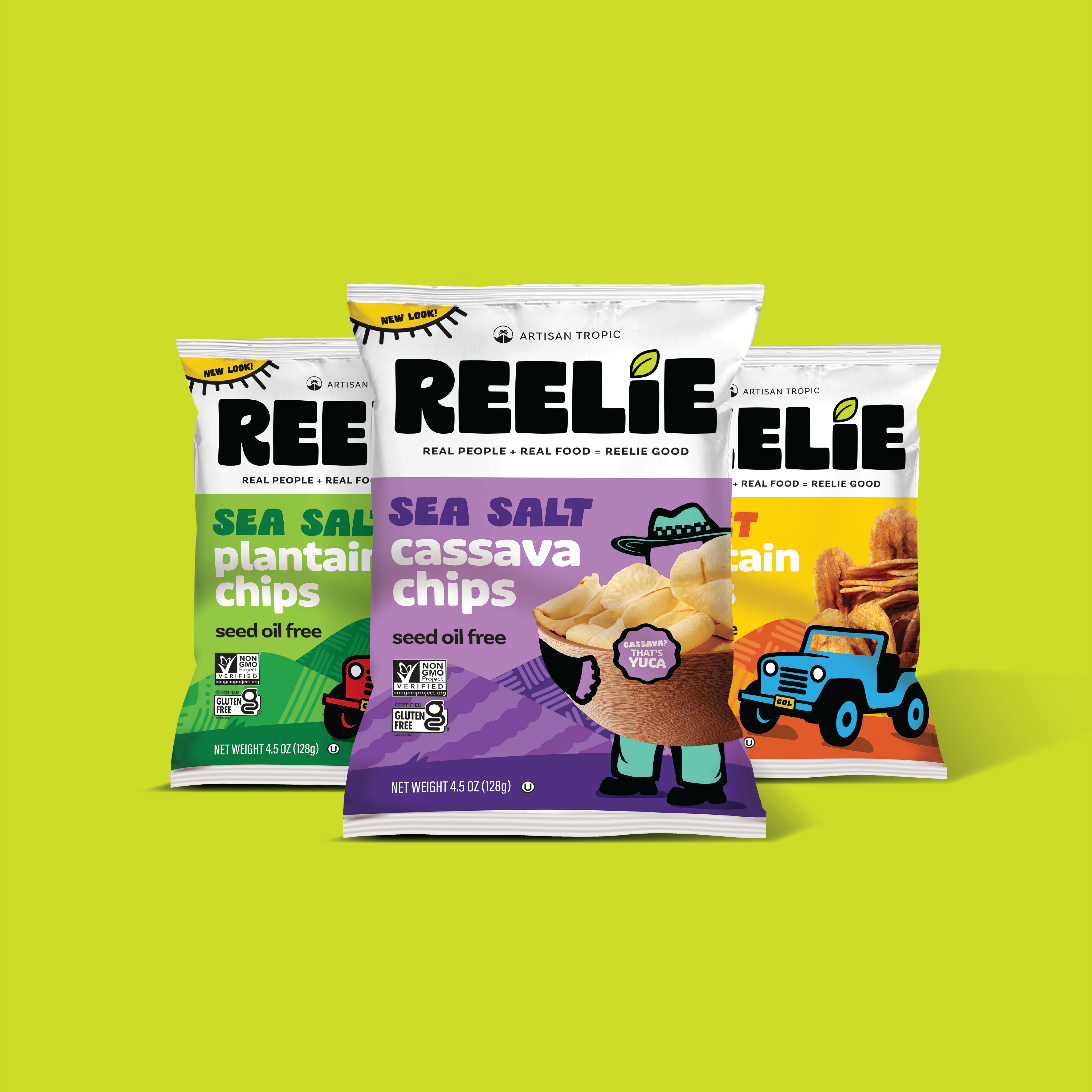 image of 3 Reelie chip bags: Sea Salt Plantain, Sea Salt Cassava, Sweet Plantain Chips. 