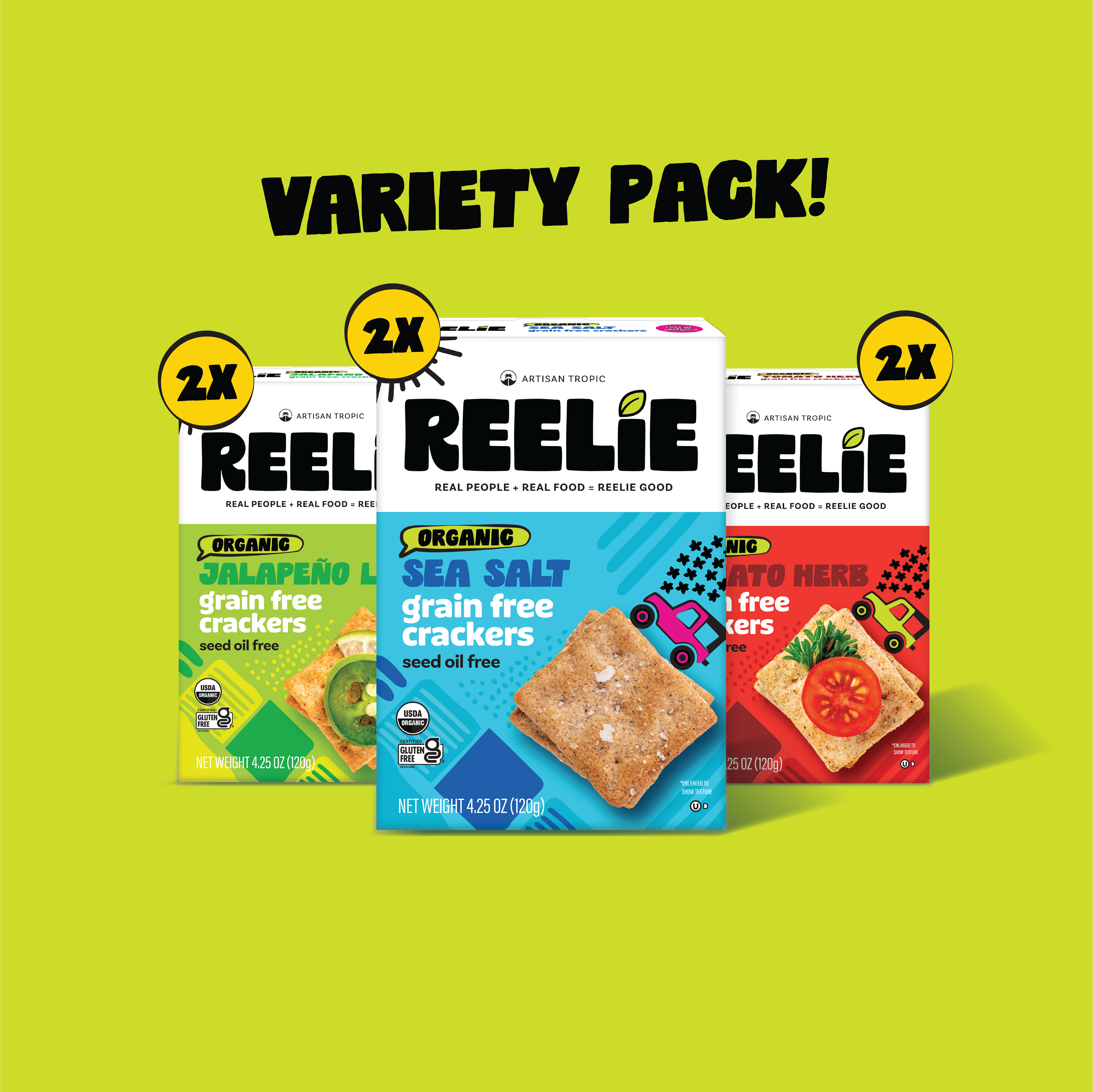 image with all 3 cracker boxes as a variety pack. 2x Jalapeno Lime, 2x Sea Salt and 2x Tomato Herb